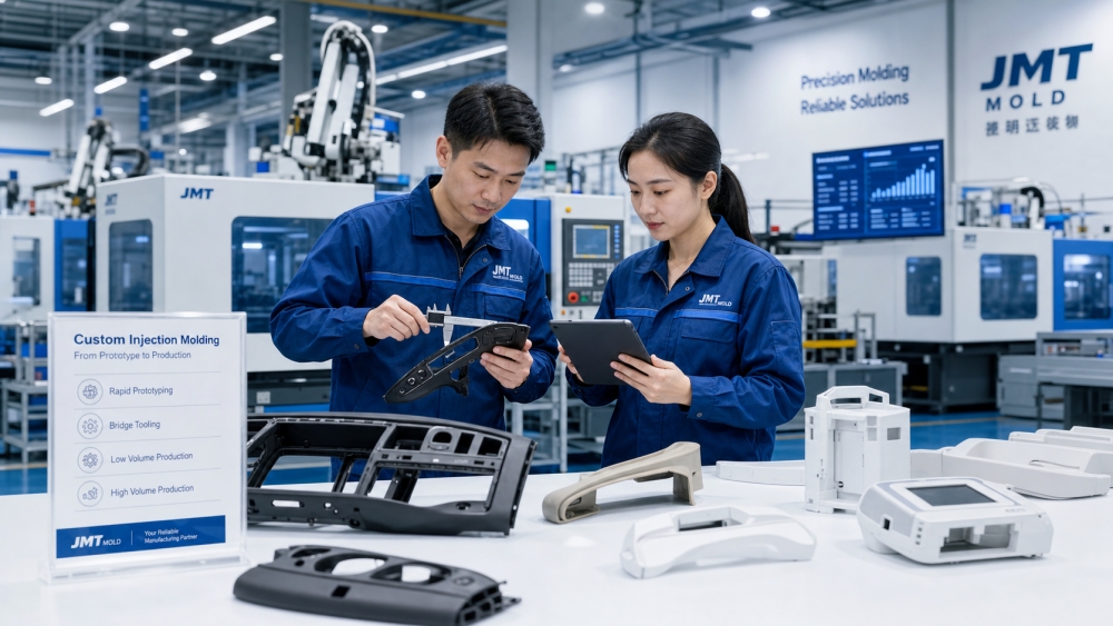 Chinese engineers inspecting high precision plastic parts in custom injection molding factory