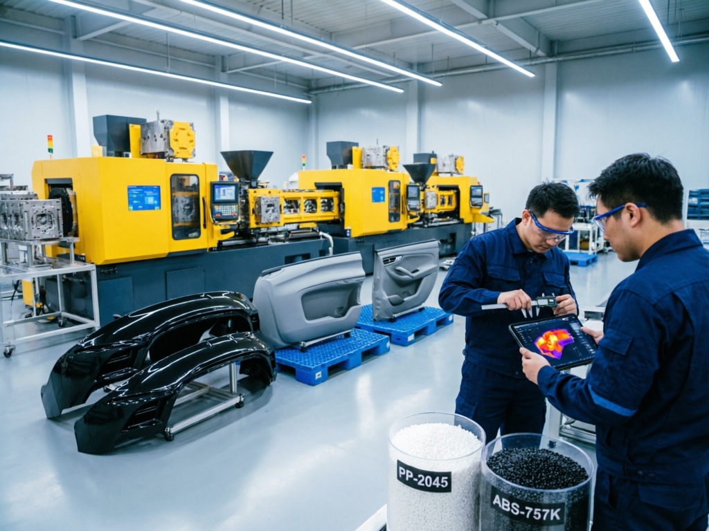 Industrial injection molding machine producing large plastic automotive parts